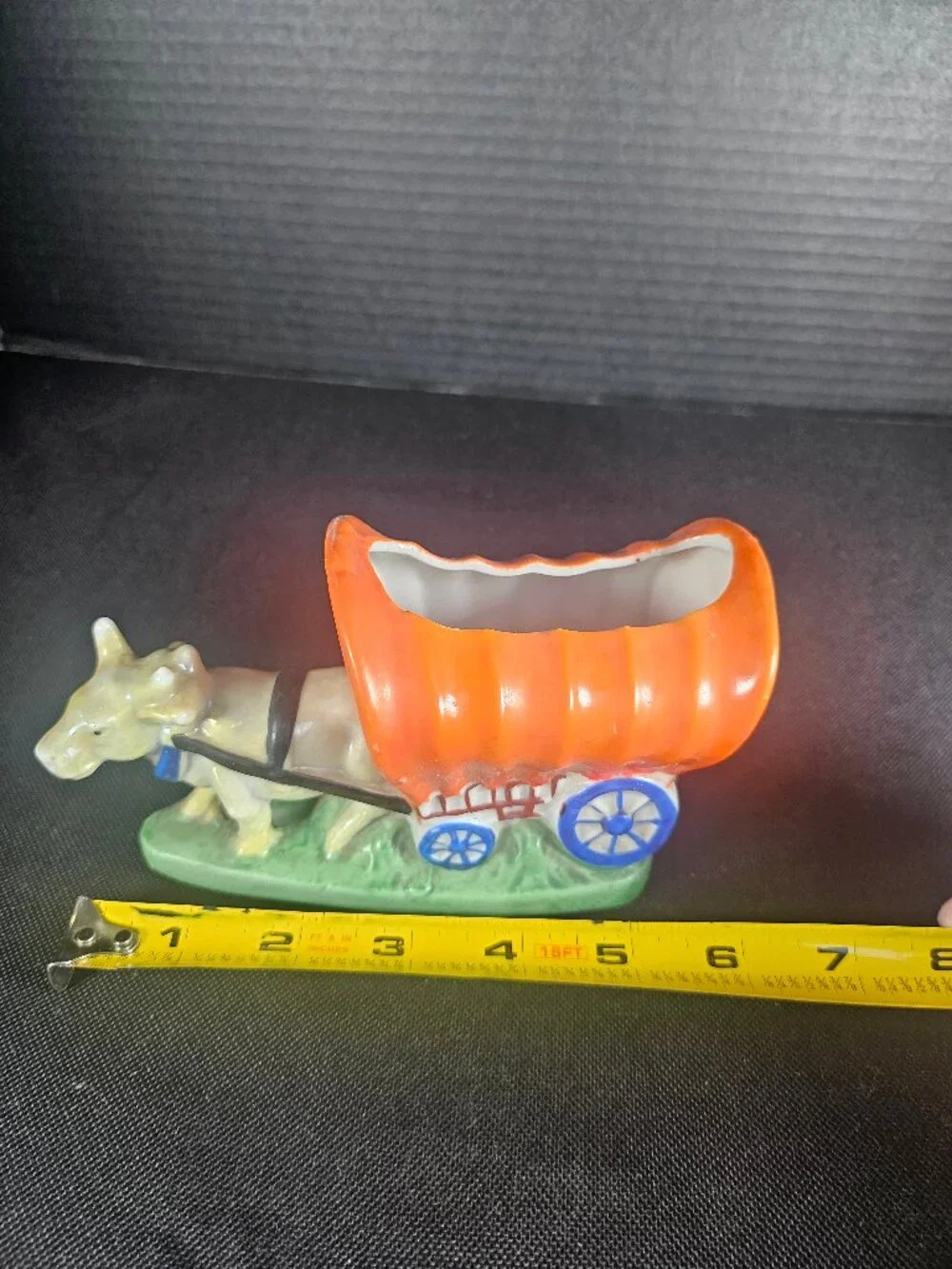 Mid Century Japan Ceramic Conestoga Covered Wagon Planter With Ox Orange & Blue